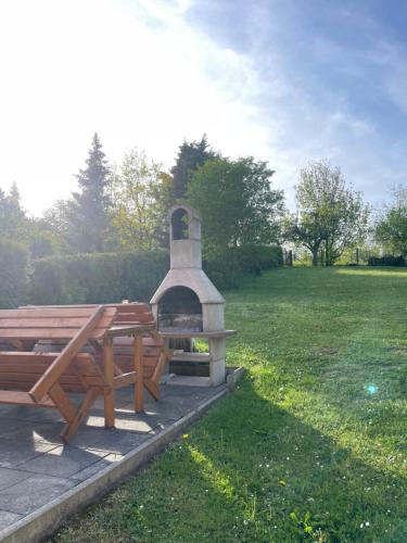 una mesa de picnic y una parrilla en un campo en Appartmenthaus, en Wethau