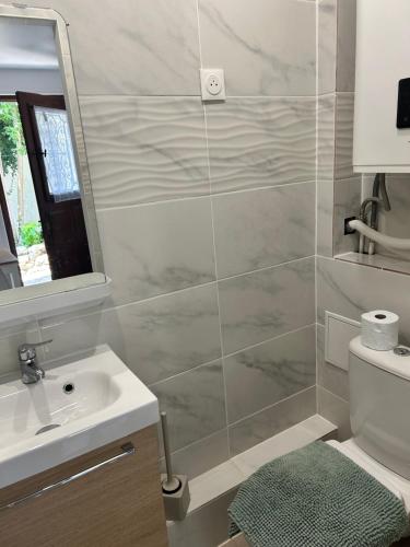 une salle de bain avec une douche, un lavabo et un miroir dans l'établissement Studio3 Centre ville Massy, à Massy