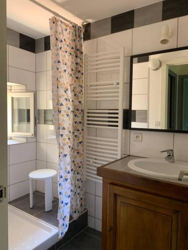 une salle de bain avec un lavabo et un rideau de douche dans l'établissement Maison en Provence La Cascatelle 6-8 pers, à Carcès