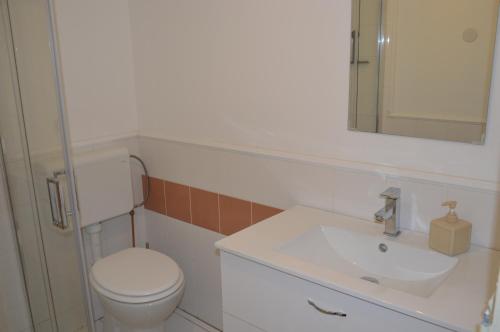 ein Badezimmer mit einem weißen WC und einem Waschbecken in der Unterkunft Château Nardon Crimon in Saint-Christophe-des-Bardes