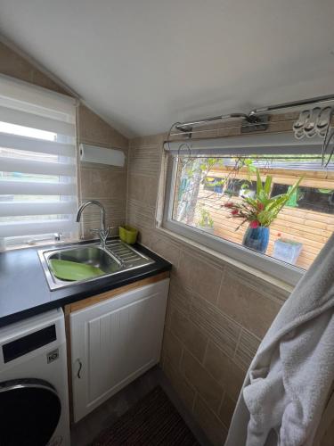 eine kleine Küche mit einem Waschbecken und einem Fenster in der Unterkunft Quay Central in Exeter