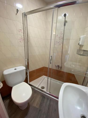 a bathroom with a shower and a toilet and a sink at HOSPEDAJE STOP in Corrubedo