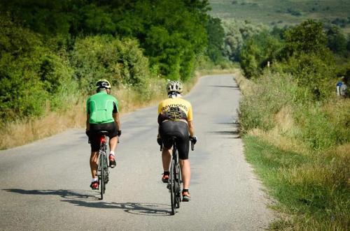 dos personas montando bicicletas por un camino en Andrada's House Soars, en Şoarş