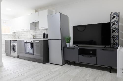 Chic Urban 2 Bedroom Apartments في كارديف: مطبخ مع تلفزيون بشاشة مسطحة وغسالة صحون