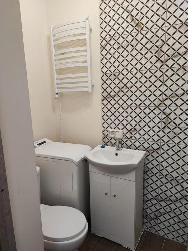 a white bathroom with a toilet and a sink at Butas Priekulėje in Priekulė