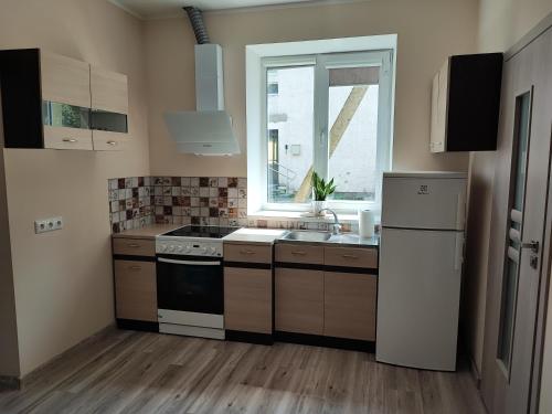 a kitchen with a stove and a sink and a window at Butas Priekulėje in Priekulė