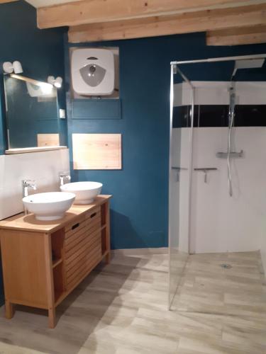 a bathroom with two sinks and a shower at Charmante maison atypique in Régusse