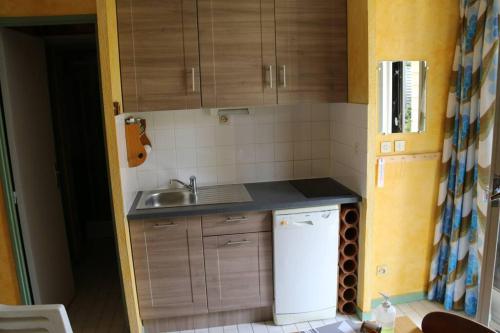 Il comprend une petite cuisine équipée d'un évier et d'un lave-vaisselle. dans l'établissement Villa 12, Port Vénus au village naturiste, au Cap d'Agde