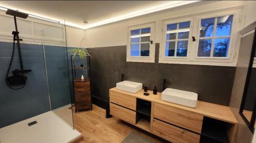 y baño con 2 lavabos y ducha. en "L'OSTAU", GRAND APPARTEMENT 84 m2 AVEC JARDIN, PISCINE, SALLE DE SPORT, 