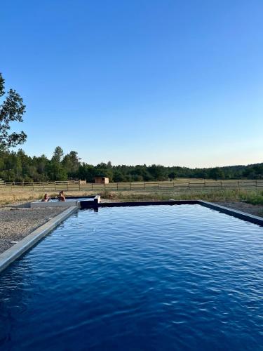 - une piscine d'eau bleue dans un champ dans l'établissement charmant appartement indépendant au sein d'un mas provençal, à Aups
