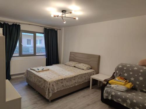 a bedroom with a bed and a couch and a window at Natura Slanic Moldova in Slănic-Moldova