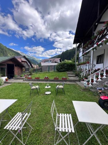 a group of chairs and tables in a yard at Pensiunea Rodica in Moieciu de Sus