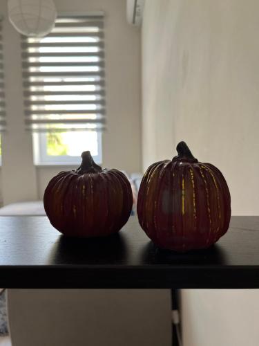 two pumpkins sitting on top of a table at The City Block - Free Parking in Sarajevo