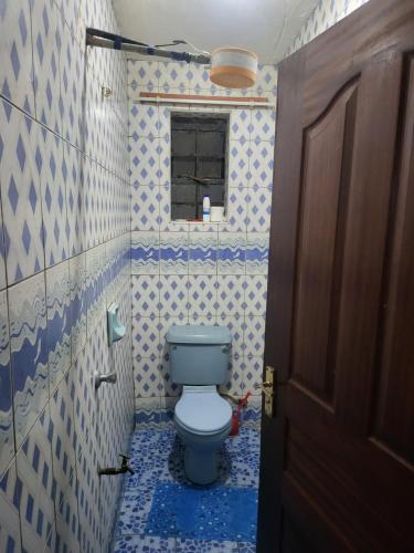 a bathroom with a toilet with blue and white tiles at G&G Executive ONE bedroom Ngala Nakuru in Nakuru