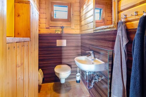 a bathroom with a sink and a toilet at Ferienblockhaus Glocker - Hof in Leibertingen