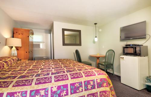 a hotel room with a bed and a flat screen tv at The Villager Motel in Bartlett