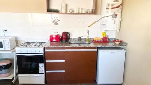 een kleine keuken met een fornuis en een wastafel bij BARCELONA APARTS in San Luis