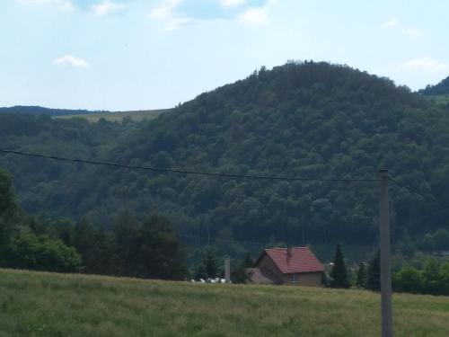 a house in a field in front of a mountain at apartman.lara in Děčín