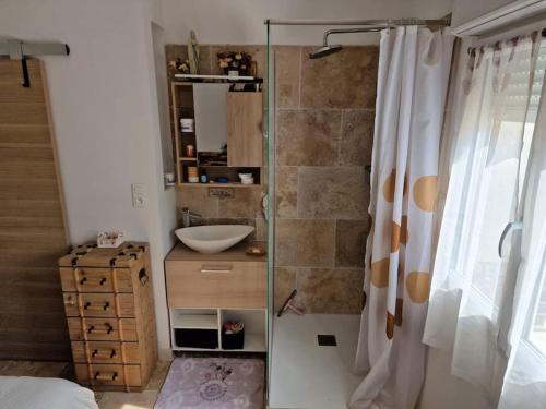 a bathroom with a sink and a glass shower at Petite maison sympathique in Gargas