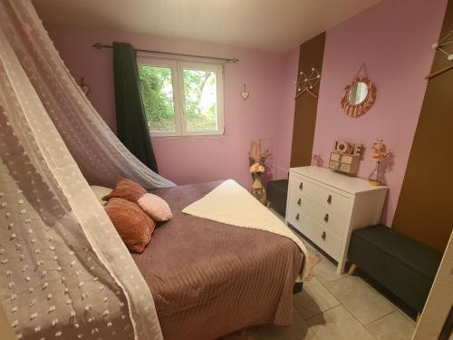 ein Schlafzimmer mit einem Himmelbett und einem Fenster in der Unterkunft Le Cocon - Gite Spa et Sauna privatif en Centre Alsace in Saint-Maurice