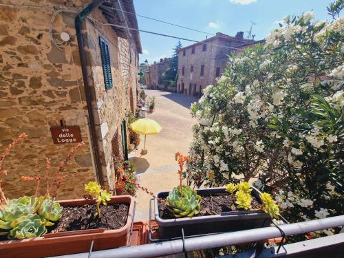 a balcony with potted plants on the side of a building at Casa in pietra in Vagliagli