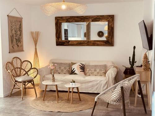 sala de estar con sofá y espejo en Loft cosy Menorca 5 étoiles Spa au cœur de Nancy, en Nancy