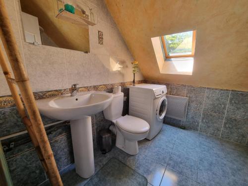 uma casa de banho com um WC branco e um lavatório. em Cosy Home à la campagne proche des grandes agglomérations parisiennes em Richarville