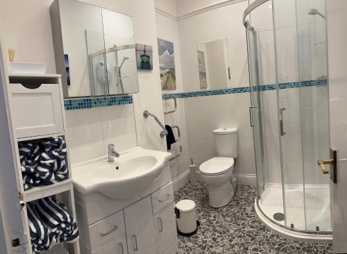 een badkamer met een wastafel, een douche en een toilet bij Self contained Garden Flat newly Refurbished in Bridlington