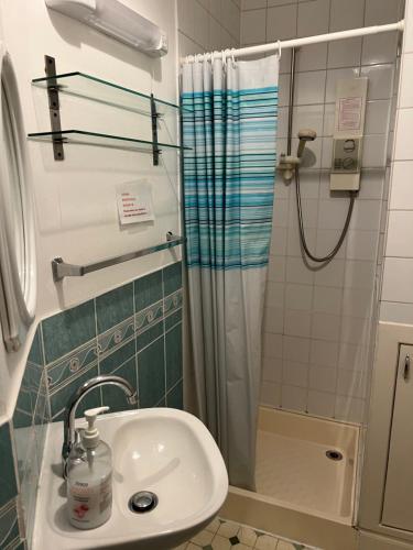 uma pequena casa de banho com um lavatório e um chuveiro em Strathpeffer Hotel em Strathpeffer