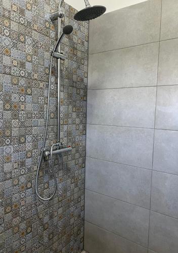 a shower with a shower head in a bathroom at A L L E G R I A in Vama Veche