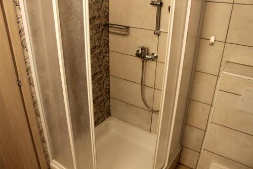 a bathroom with a shower with a bath tub at Guesthouse Režekov podrum in Jastrebarsko