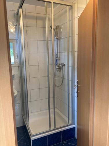 eine Dusche mit Glastür im Bad in der Unterkunft Nesterl in Schladming