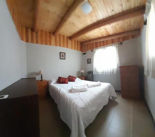 a bedroom with a bed in a room with wooden ceilings at CABAÑAS RINCON DEL PLATA in Potrerillos