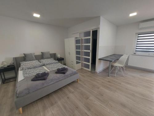 1 dormitorio con cama, mesa y escritorio en Belvárosi apartmanház 2, en Szigetvár