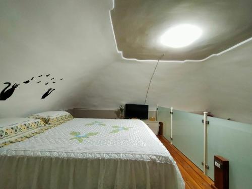 1 dormitorio con 1 cama y una luz en el techo en La Rosa Casa Vacanze, en Terzigno