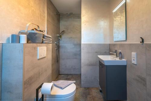 a bathroom with a toilet and a sink at Feinheit Hotel & Restaurant in Halsenbach