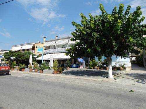 een boom aan de kant van een straat met een gebouw bij ARETI in Nafplio