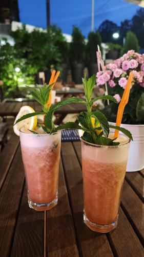 two glasses with plants in them on a wooden table at Villa Natali in Ohrid