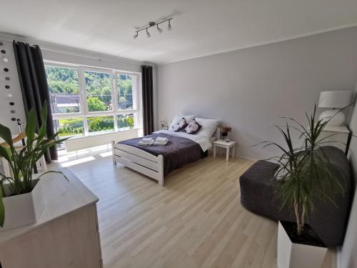 a living room with a bed and a large window at Apartamenty Kotarz Sauna&Relaks in Brenna