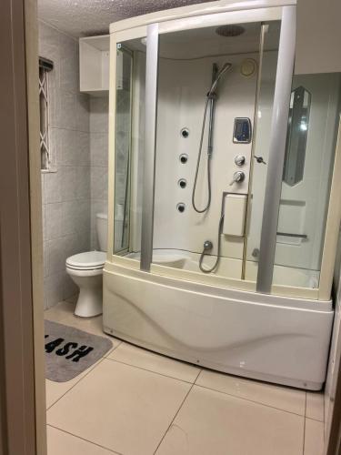 a bathroom with a shower and a toilet at T&M Guesthouse in Johannesburg