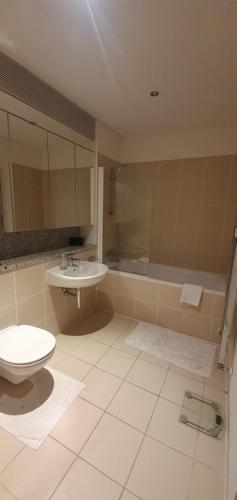 a bathroom with a toilet and a sink and a tub at Central Prime King Size Apartment in Dublin