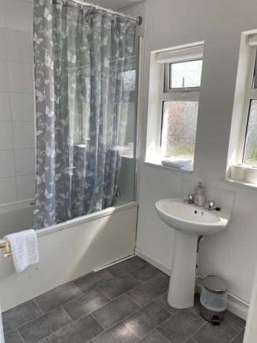 a bathroom with a sink and a shower curtain at House number 8 sleeps up to 6 People with Smart TVs in Every Room in Wellington