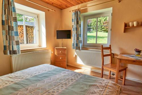 a bedroom with a bed and a desk and two windows at Chata Harmonie in Bedřichov