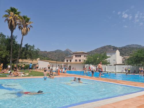 Chóvar的住宿－Casa rural rústica para parejas, familia o amigos a la montaña "EL COLMENAR"，一群人在游泳池游泳