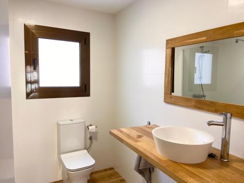 a bathroom with a sink and a toilet and a mirror at Apartamento artístico en el centro de Segorbe in Segorbe
