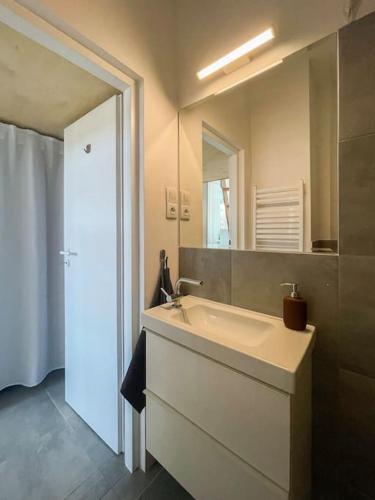 uma casa de banho com um lavatório e um espelho em Small studio with entresol em Bydgoszcz