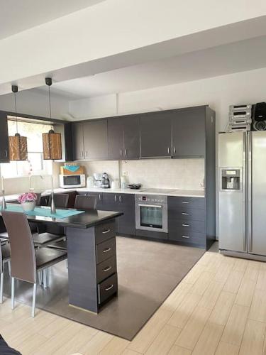 a kitchen with gray cabinets and stainless steel appliances at Sweet Makri Suite in Nea Makri
