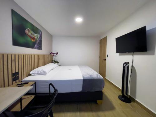 a bedroom with a bed and a desk and a tv at Vita Hotel Boutique - Aire Acondicionado & Desayuno in Medellín