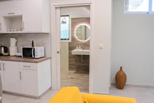 a kitchen with a sink and a counter with a microwave at Maison Nikola Kanali in Kanali