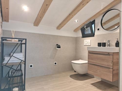 een badkamer met een toilet, een wastafel en een spiegel bij Villa Aurelia in Žman